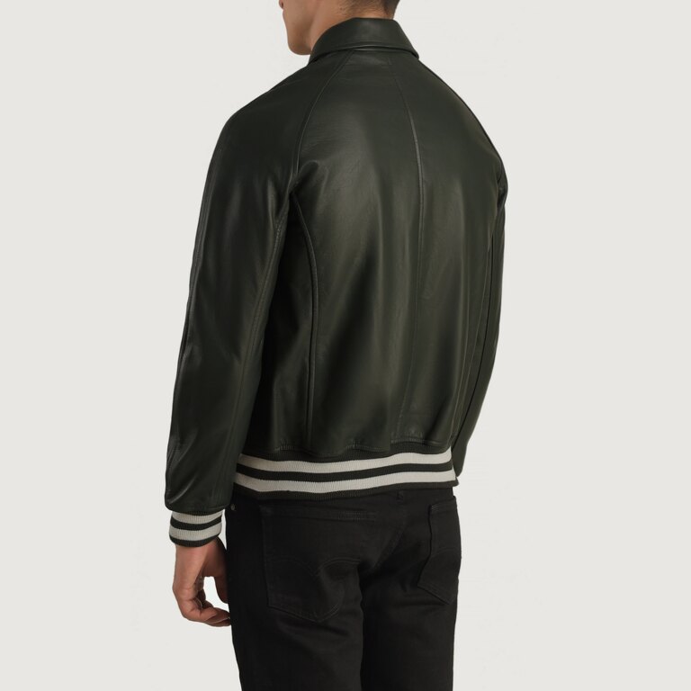Mens Walton Green Leather Varsity Jacket Tilted Back-8-1704120350958